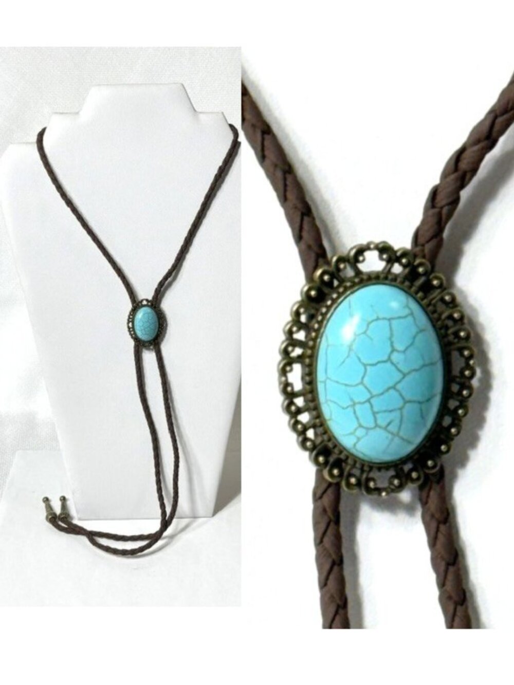 Turquoise-tone, brown cord western cowboy bolo tie.